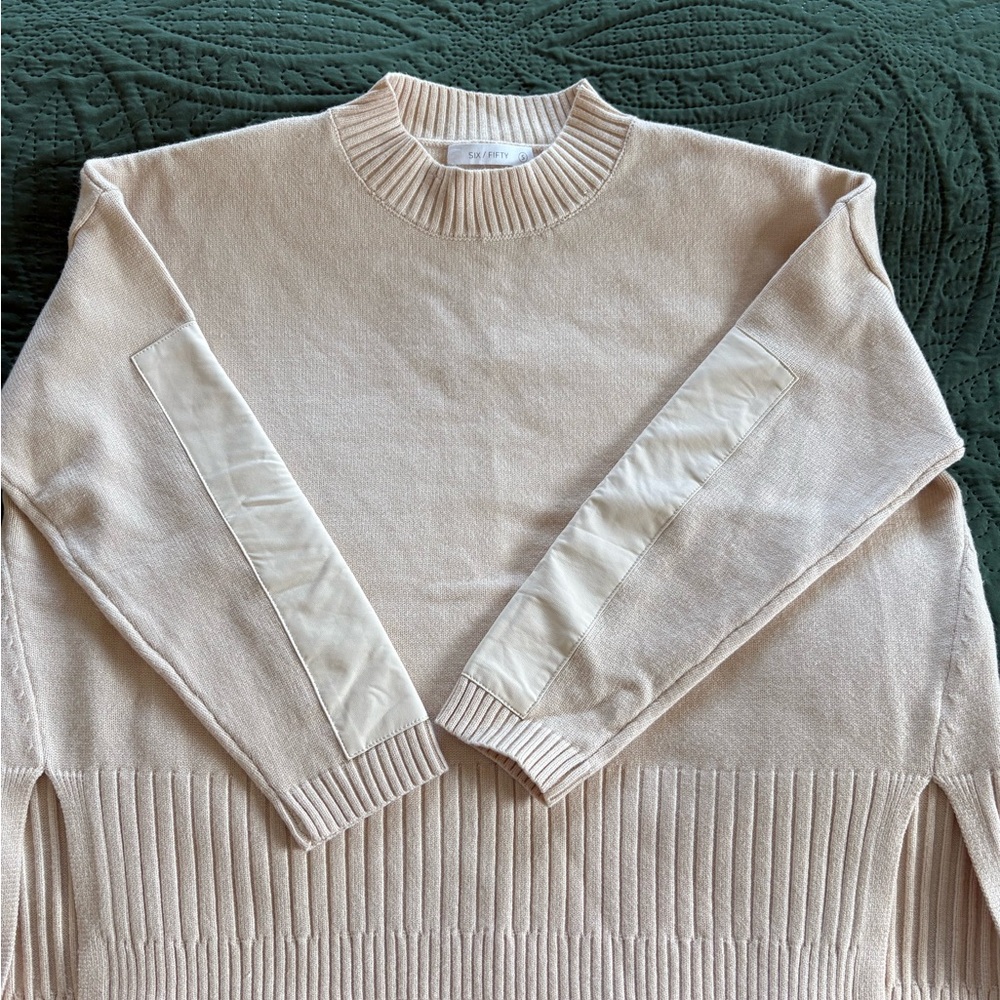 SOLE SOCIETY Cream Crewneck Sweater with Elbow Patches